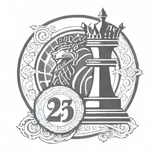 Circular Tattoo Of A King Chess Piece With The Number 23 Incorperated Into The Piece