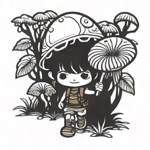 A Chibi Mushroom Wearing A Backpack Walking In A Forest