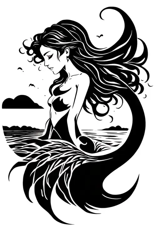 Mermaid Looking Horizon And A Sunset Far Away