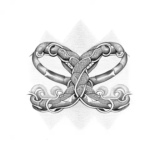 Two Serpents Intertwined As Dna Chain Representing Fusion Of Technology And Nature