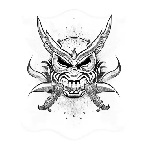 Scary Oni Mask With Floweres And Knifes