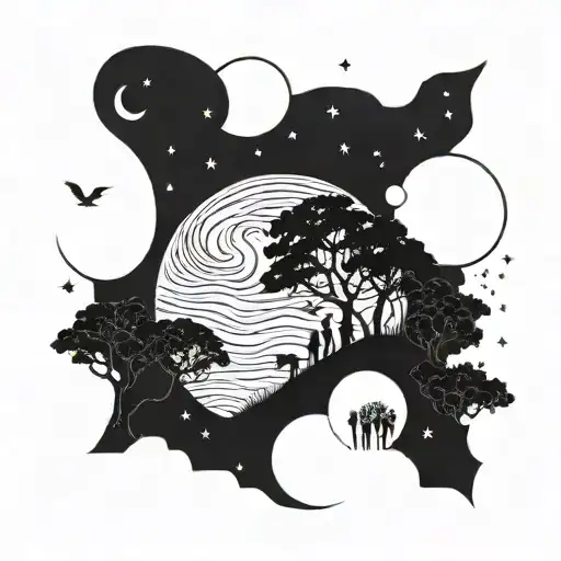 Night Sky With A Moon And Trees And People