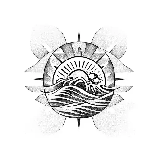 Wave With Surfboard And Sun