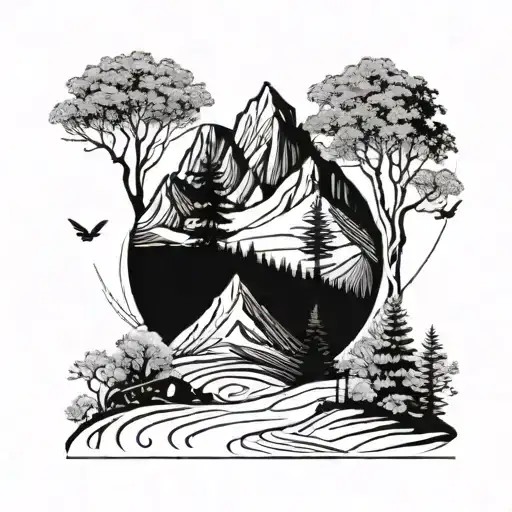 Mountain With Trees And Person Sit Watching The Beauty Of Location