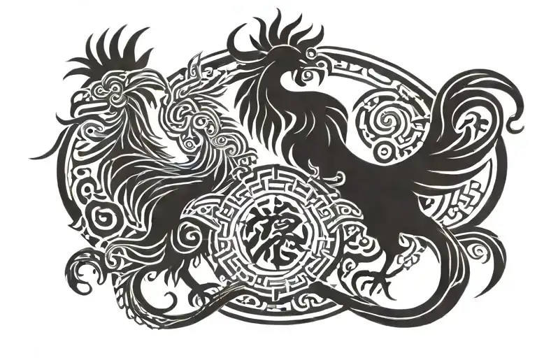 Chinese Zodiac Dragon And Rooster Intertwined