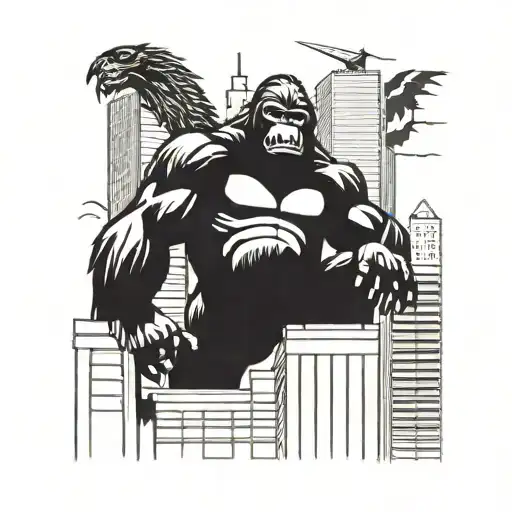 King Kong Climbs Skyscrapers With Space For Text On The Roofs Of Buildings