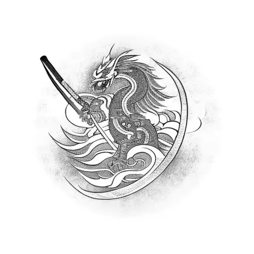 Samurai Holding Sword With Japanese Symbols On And A Large Phoenix Rising Behind