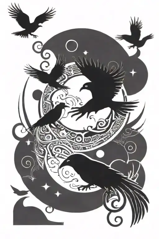 Moon And Raven Flying