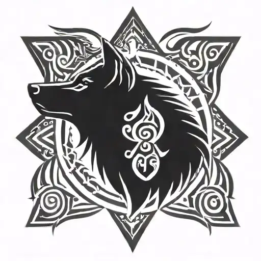 Tribal Tattoo With Wolf Looking Forward