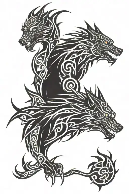Tribal Dragon And Wolf Head Emerging Tattoo Design