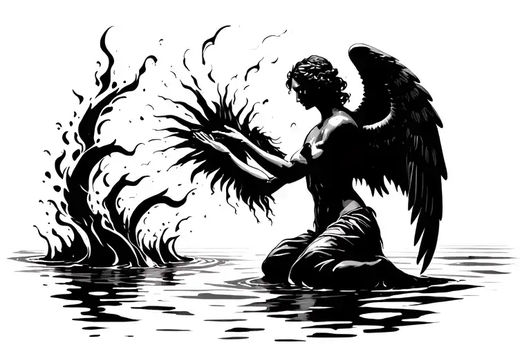 An Angel Kneeling On The Ground Reaching Out To A Human Hand Coming Out Of The Water