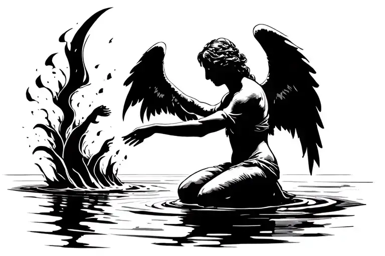 An Angel Kneeling On The Ground Reaching Out To A Human Hand Coming Out Of The Water