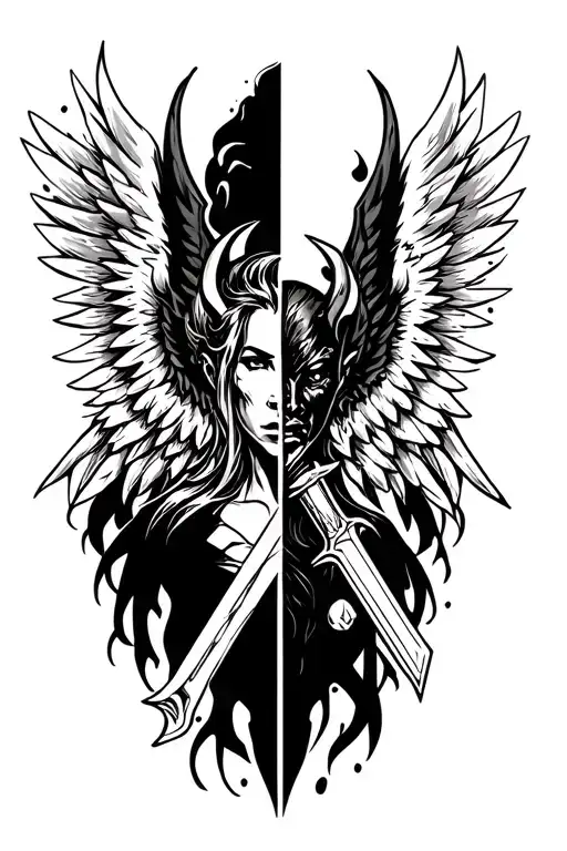 Half Angel Half Devil With Devil And Angel Wings And Weapon