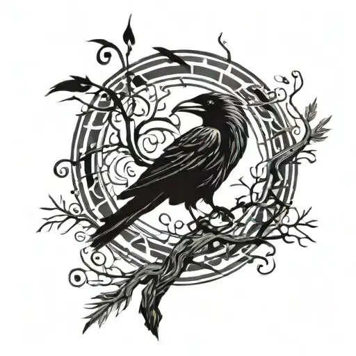 A Lone Raven Sitting On A Bracnh Watching Another Raven Fly Away