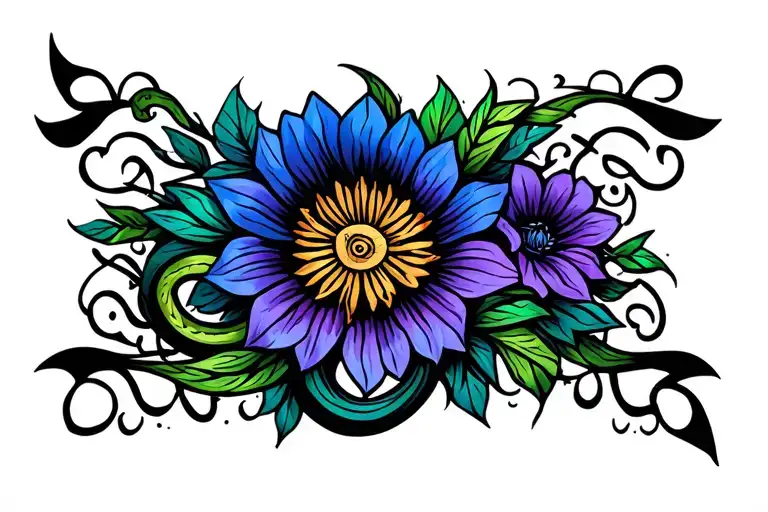 Celtic G With Flowers In Deep Blue Purple And Green With Black Infill And A Snake In The G