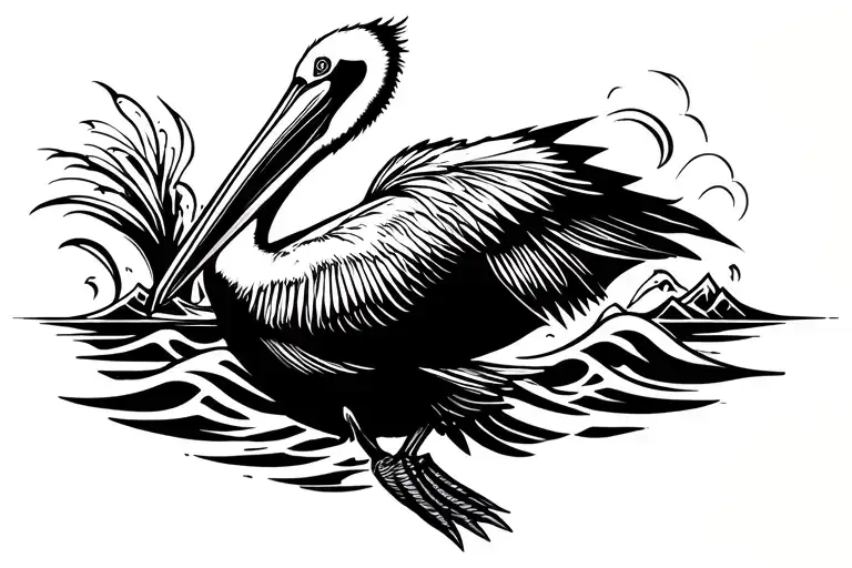 Tribal Pelican Diving Into Water Waves
