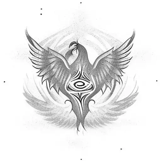 Simple Phoenix With Wings Spread Looking Up Tribal Style Open Lines No Background Black On White