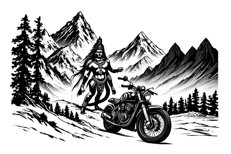 Forearm Band Tattoo With Mountain Lord Shiva And A Small Motorcycle Near The Mountains