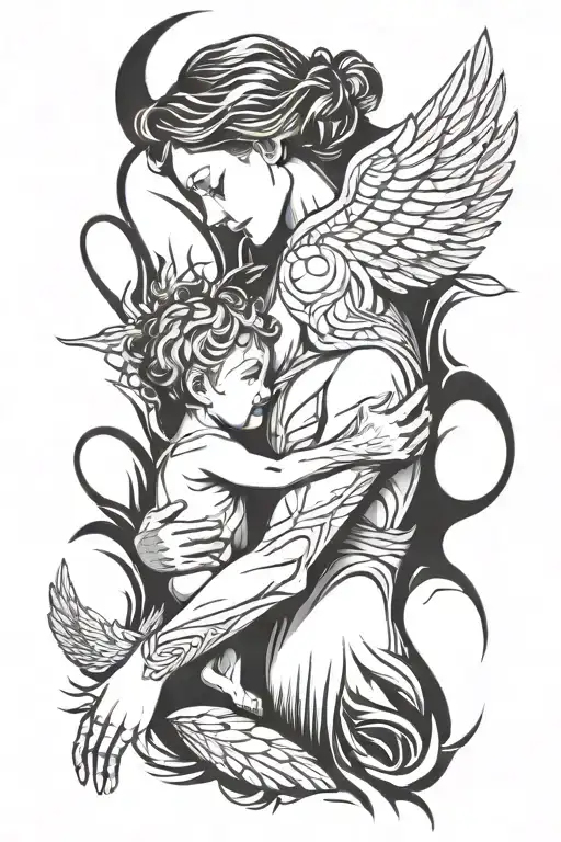 Mother And Son Matching Tattoo Featuring Icarus Falling And Creation Of Adam Fingers