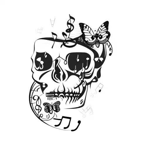A Skull With Music Notes And Butterflies