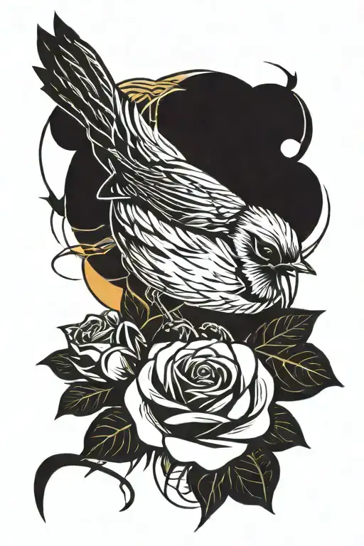 Robin Perched On A Rose With A Sunset In The Back