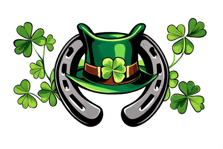 Horseshoe With Four Leaf Clover And Green Derby Hat