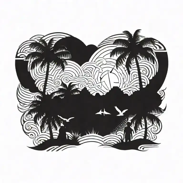 Beach Sky With Palm Trees Little Boy And Girl No Faces