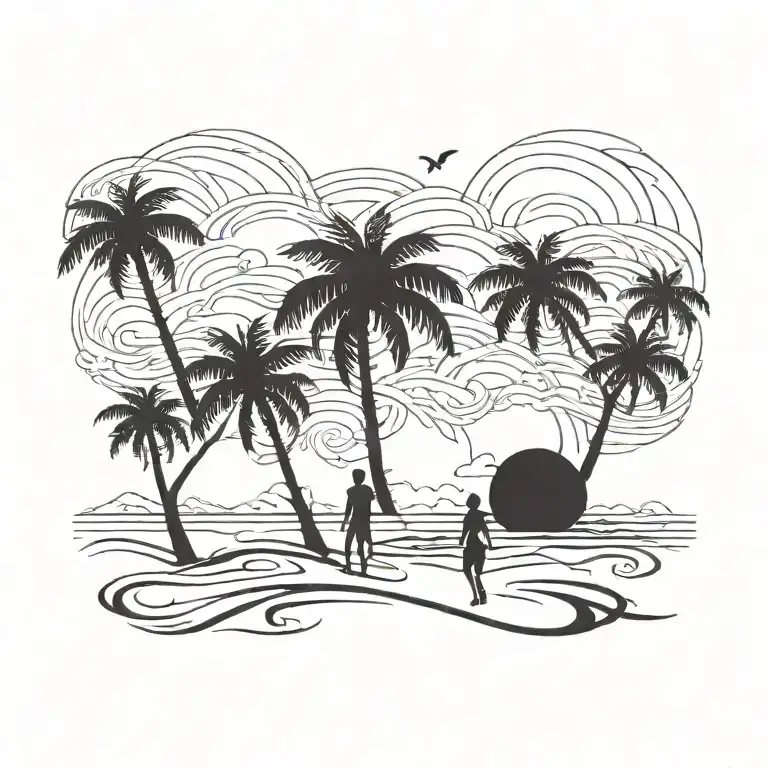 Beach Sky With Palm Trees Little 1 Boy And 1 Girl No Faces