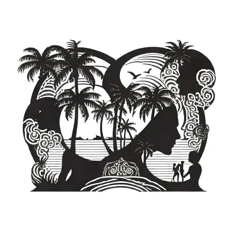 Beach Sky With Palm Trees Father With Daughter And Son