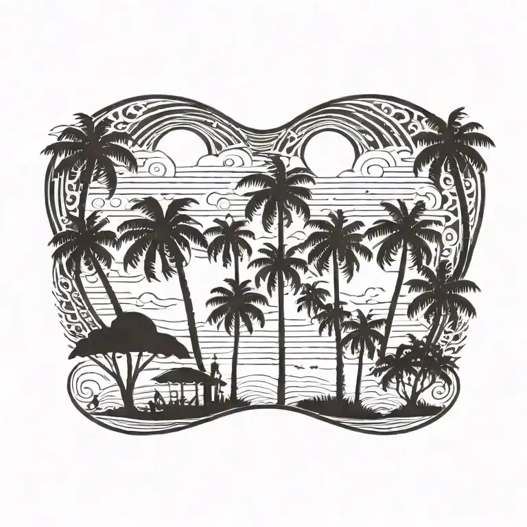 Beach Sky With Palm Trees Father With One Daughter And One Son