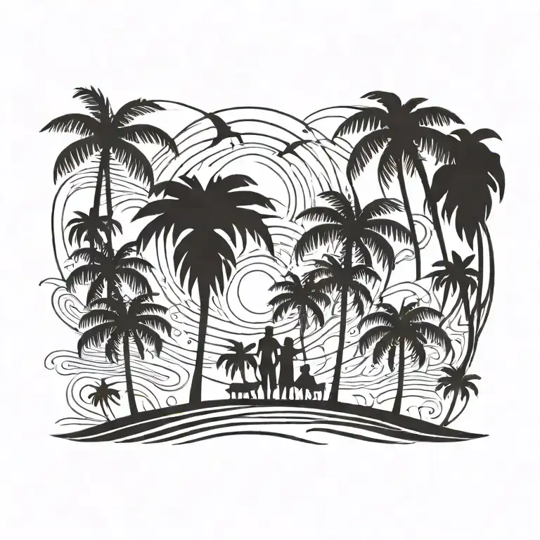 Beach Sky With Palm Trees Father With One Daughter And One Son