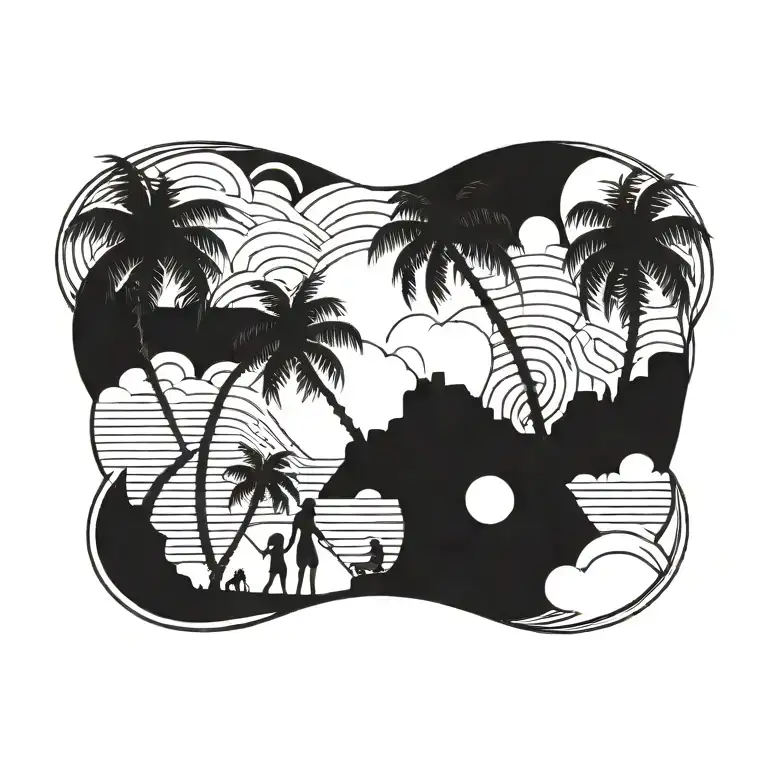 Beach Sky With Palm Trees Daughter And Son