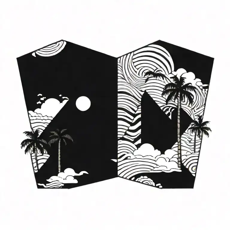 Beach Sky With Palm Trees Triangles And Waves And Clouds