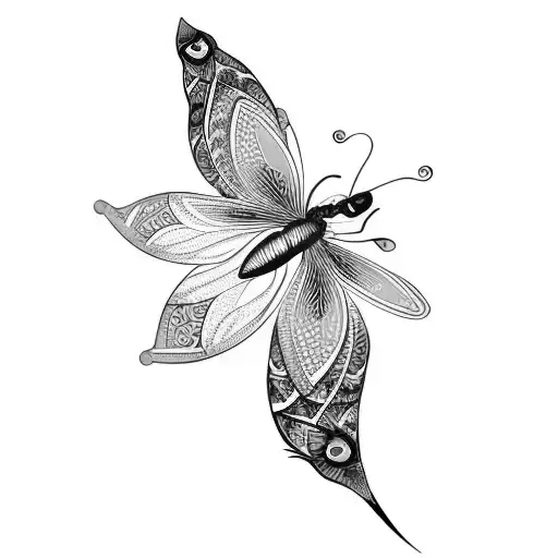 Lotus Flower With Butterfly Dragonfly Peacock Feather