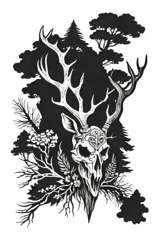Deer Skull With Pine Trees Around It