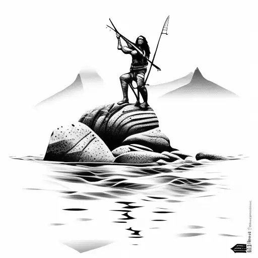 Spear Fisherman With Long Hair On A Rock In The Water
