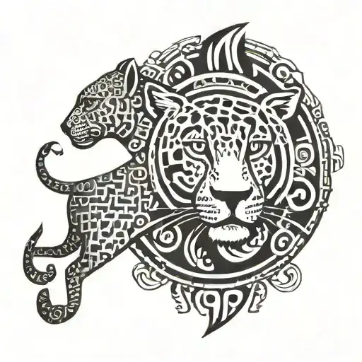 Aztec Symbols With Belizean Leopard In The Back