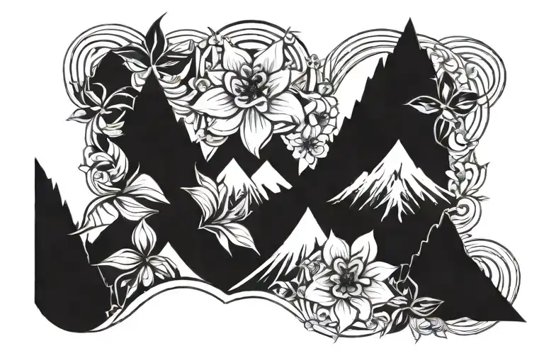 Mountain Range And Flowers Intertwined
