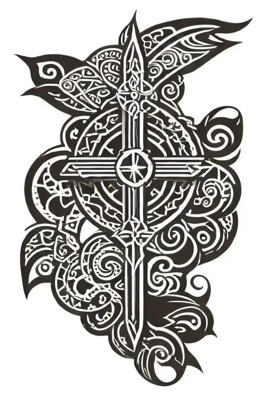 Polynesian Sleeve Forearm Design Featuring Iconic Christian Symbols