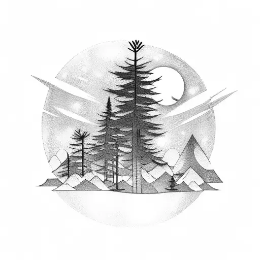 Dark Pine Trees Below A Full Moon