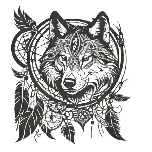 Wolf With Dream Catcher Entangled