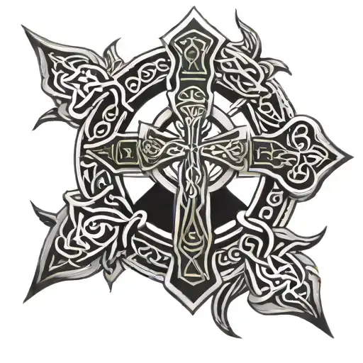 Celtic Cross With Seraphim Surrounding It Incorporating Symbols