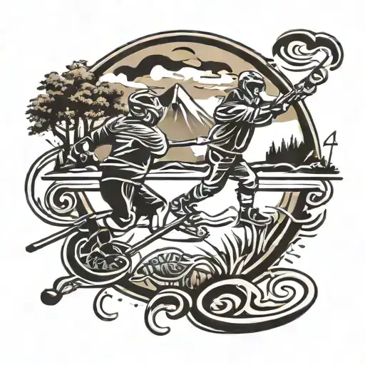 Locrosse Hockey Golf And Fishing Scene