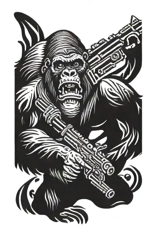 Gorilla Holding A Shotgun Upward Surrounded