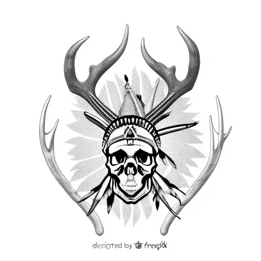 Skull With Native American Feathered Headdress And Antlers