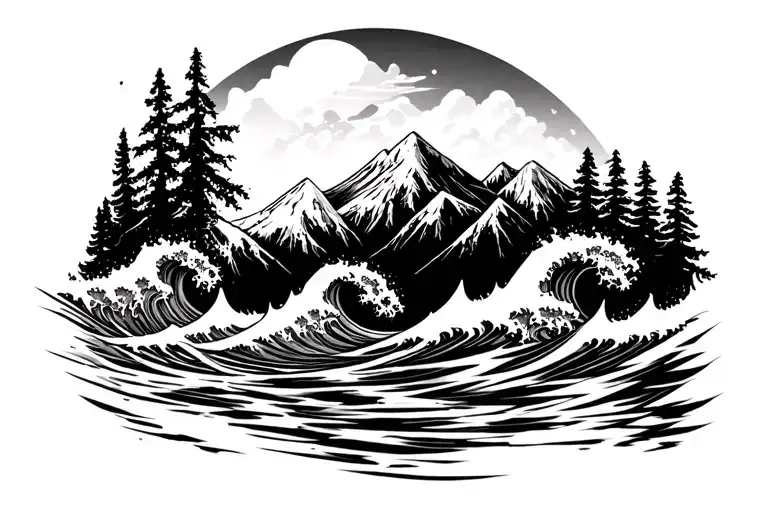 Breaking Waves Crashing In Front Of Mountains With Forest