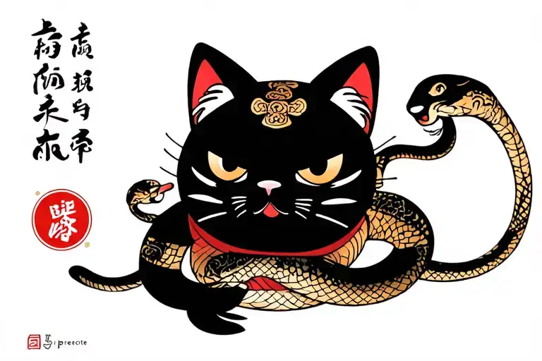 Maneki Neko With Snake Tattoo Tradi Japanese Style