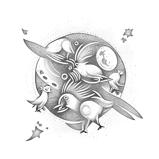 A Whimsical Scene Of Chickens Exploring A Galaxy