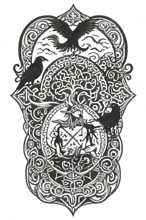 Viking Infront Of Yggdrasil Woth Nordic Symbols And Two Crows Tattoo