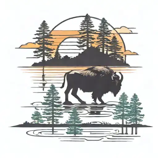 Buffalo Grazing Around Pine Trees Colors Sunset Over Lake Tattoo